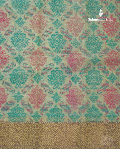 Light Green Tissue Kota Cotton Printed Saree With Gold Tissue Border