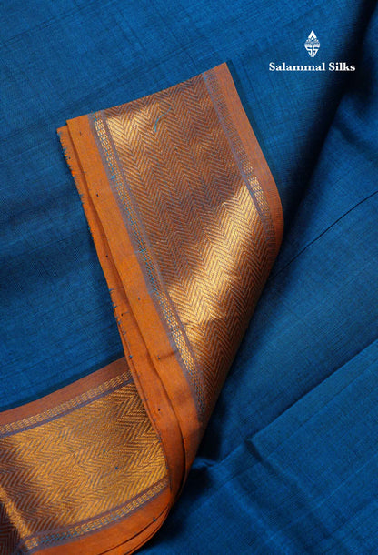 Ramar Blue Plain Pure Silk Cotton Saree With Contrast Mustard Yellow Blouse