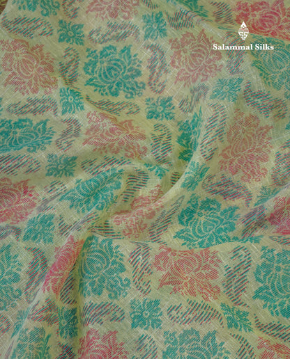 Light Green Tissue Kota Cotton Printed Saree With Gold Tissue Border