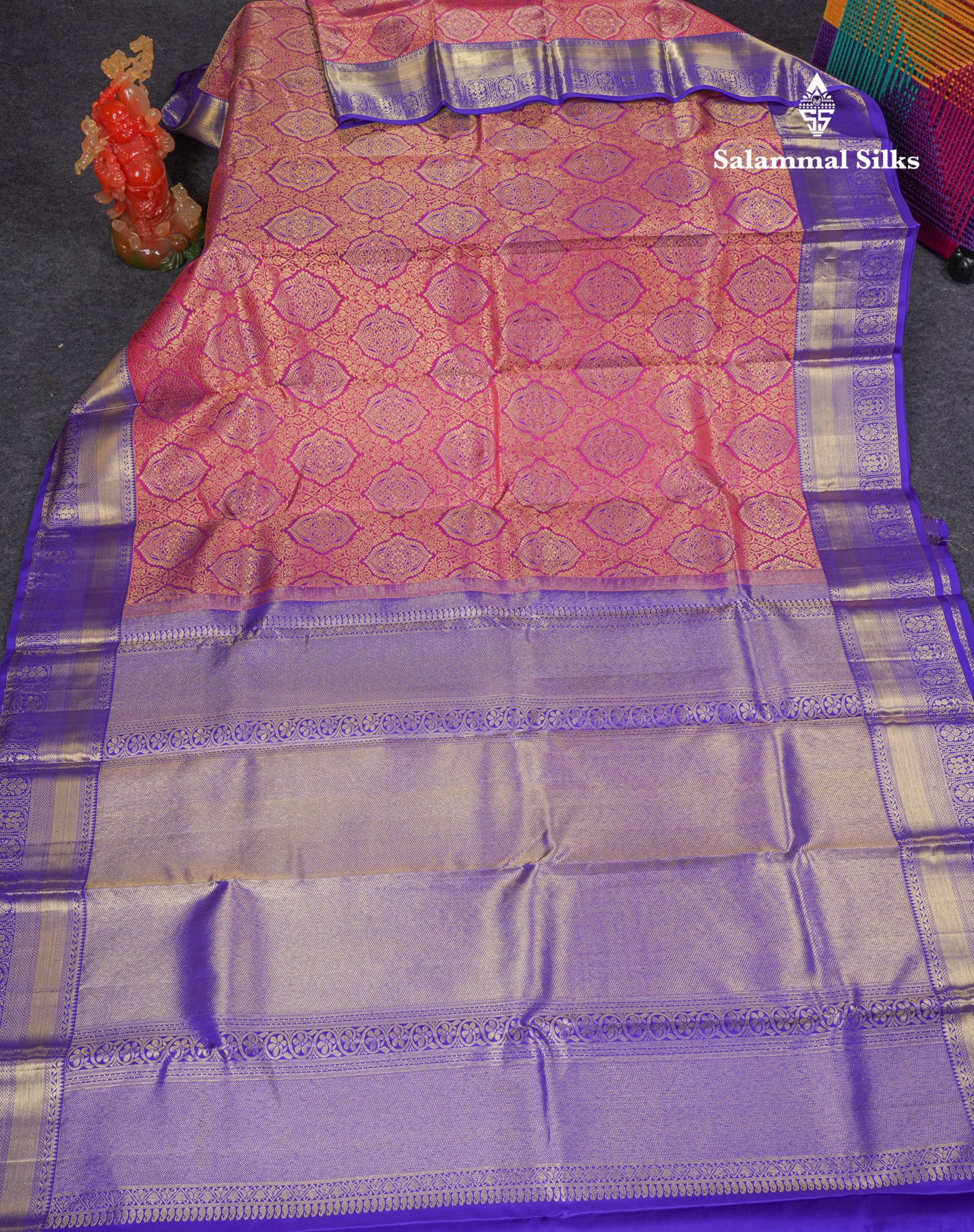Beautiful Dual Tone Pinkish Orange Pure Kanjivaram Silk Saree With Contrast Violet Traditional Border