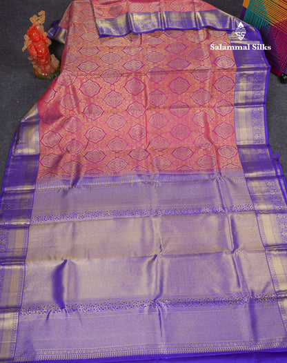 Beautiful Dual Tone Pinkish Orange Pure Kanjivaram Silk Saree With Contrast Violet Traditional Border