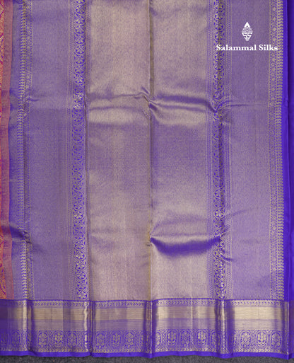 Beautiful Dual Tone Pinkish Orange Pure Kanjivaram Silk Saree With Contrast Violet Traditional Border