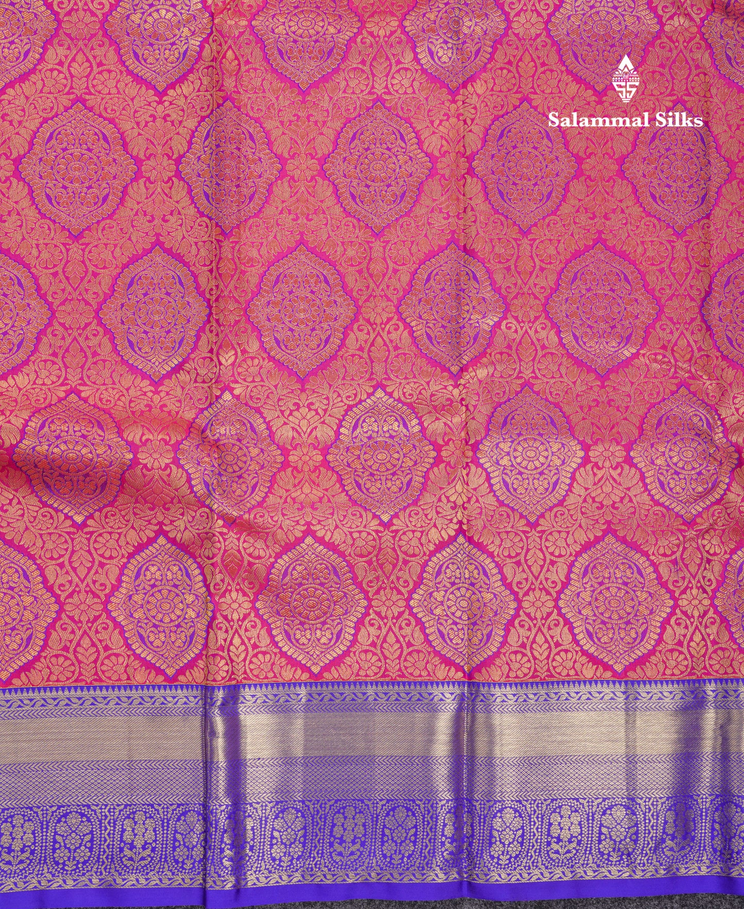 Beautiful Dual Tone Pinkish Orange Pure Kanjivaram Silk Saree With Contrast Violet Traditional Border
