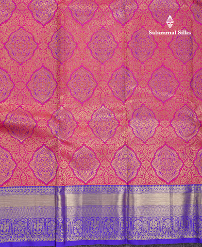 Beautiful Dual Tone Pinkish Orange Pure Kanjivaram Silk Saree With Contrast Violet Traditional Border