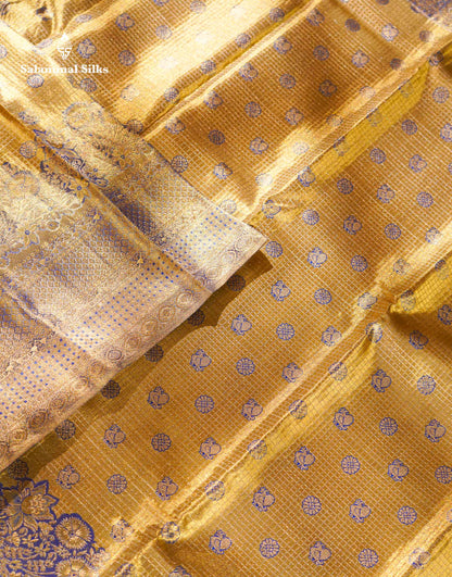 Beautiful Light Gold Tissue Bridal Small Checks With Butta Pure Kanjivaram Silk Saree With Contrast Violet Fancy Border