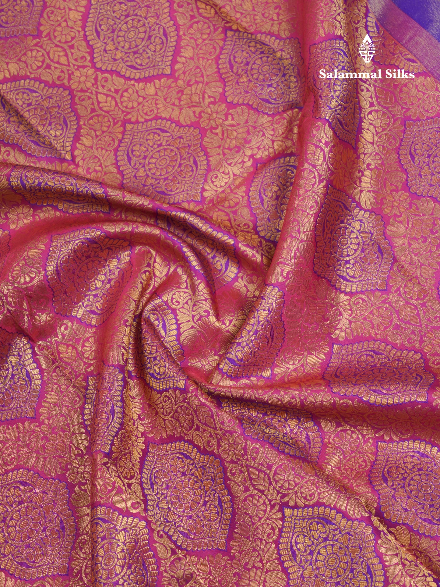 Beautiful Dual Tone Pinkish Orange Pure Kanjivaram Silk Saree With Contrast Violet Traditional Border