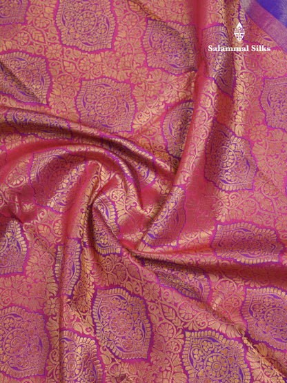 Beautiful Dual Tone Pinkish Orange Pure Kanjivaram Silk Saree With Contrast Violet Traditional Border