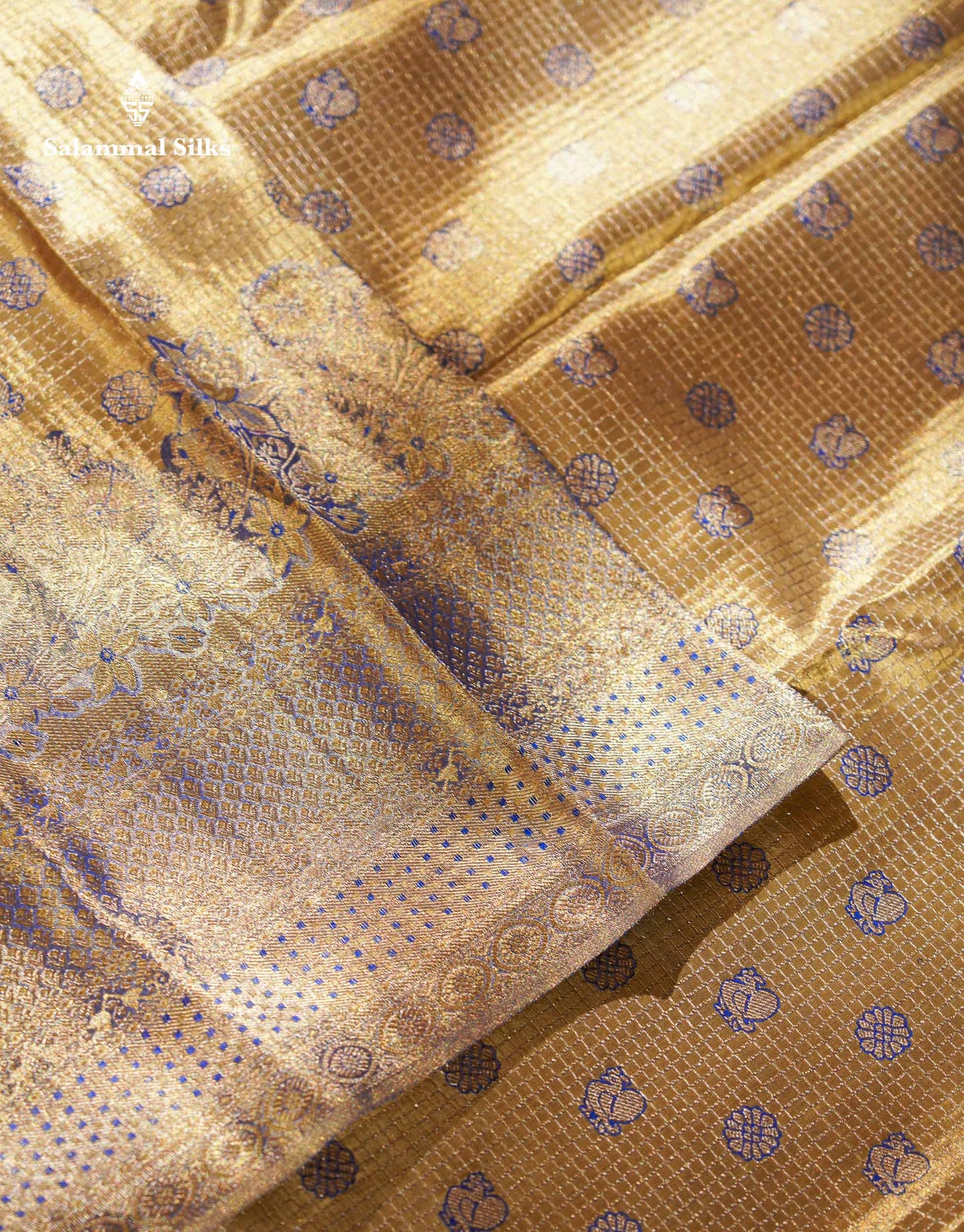 Beautiful Light Gold Tissue Bridal Small Checks With Butta Pure Kanjivaram Silk Saree With Contrast Violet Fancy Border