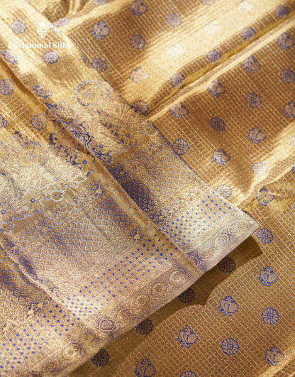 Beautiful Light Gold Tissue Bridal Small Checks With Butta Pure Kanjivaram Silk Saree With Contrast Violet Fancy Border