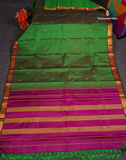 Pure Kanjivaram Silk Saree - Bottle Green Colour Body Zari Butta With Contrast Magenta Small Border