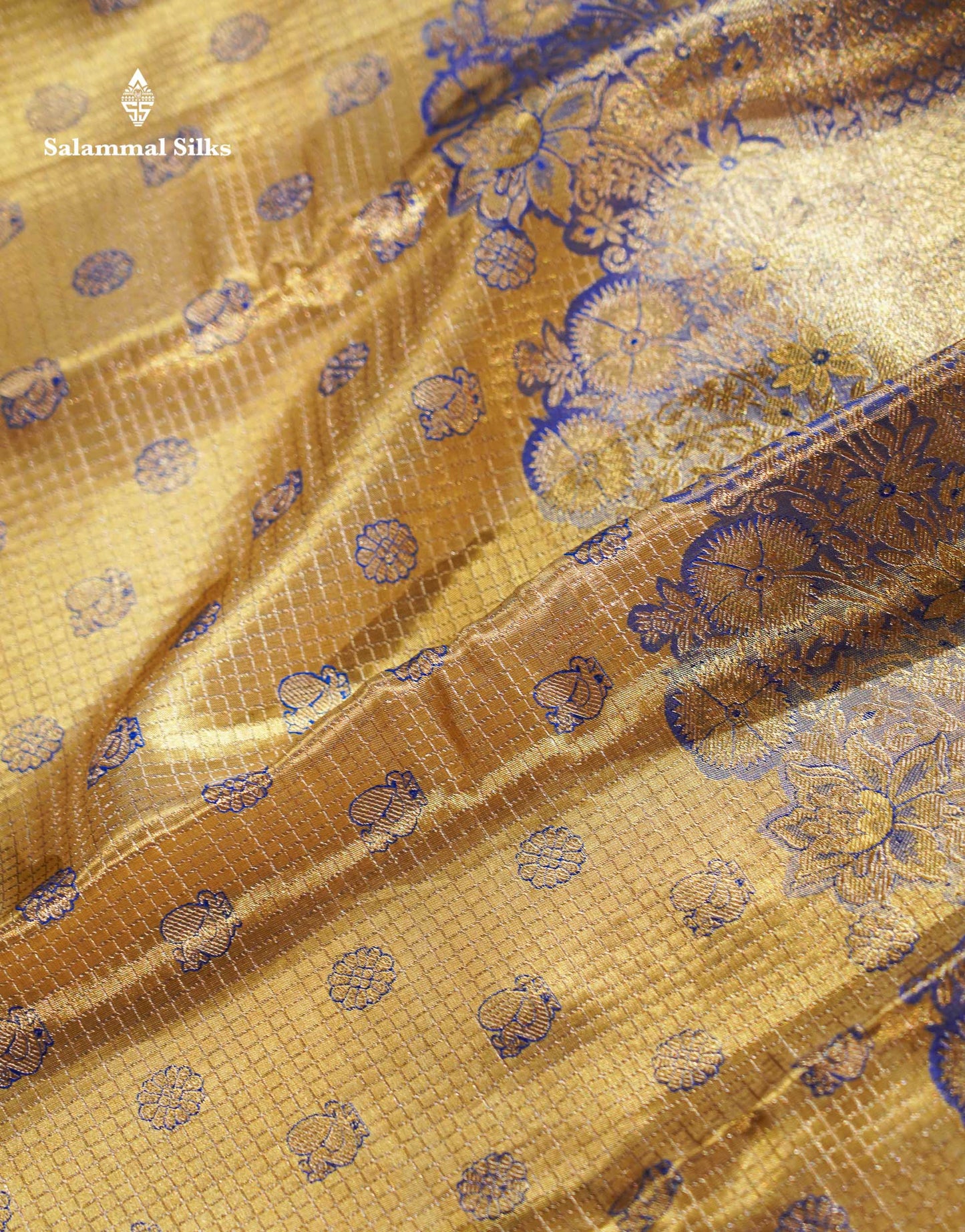 Beautiful Light Gold Tissue Bridal Small Checks With Butta Pure Kanjivaram Silk Saree With Contrast Violet Fancy Border