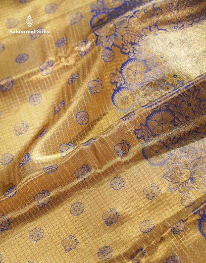 Beautiful Light Gold Tissue Bridal Small Checks With Butta Pure Kanjivaram Silk Saree With Contrast Violet Fancy Border