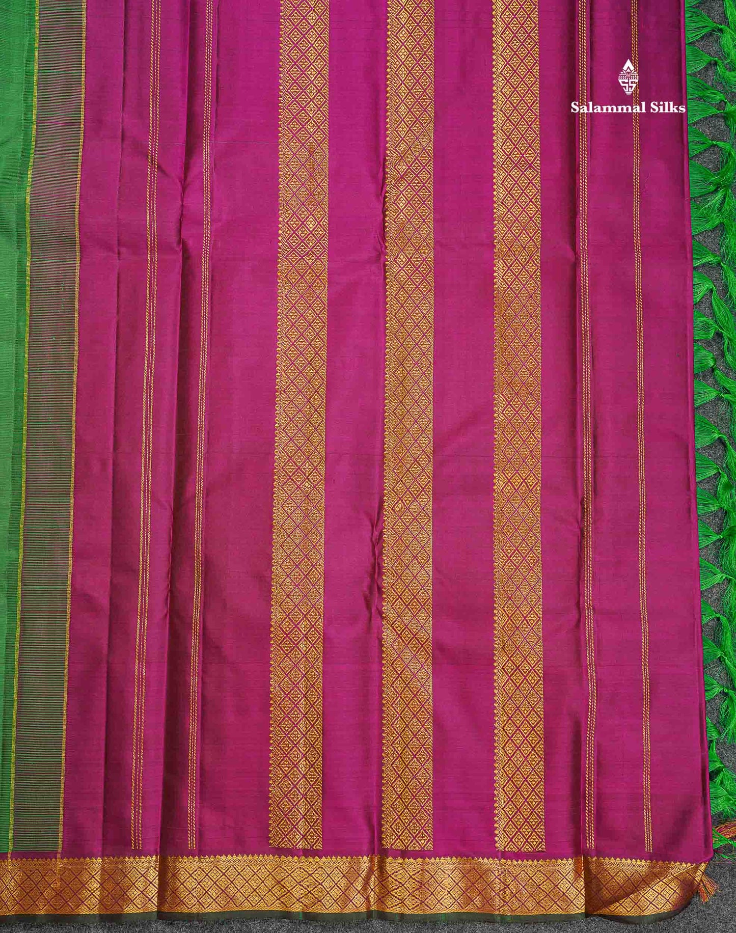 Pure Kanjivaram Silk Saree - Bottle Green Colour Body Zari Butta With Contrast Magenta Small Border
