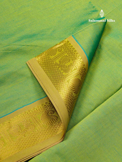 Beautiful Dual Tone Parrot Green Plain Semi Silk Cotton Saree With Contrast Dark Sandal Blouse