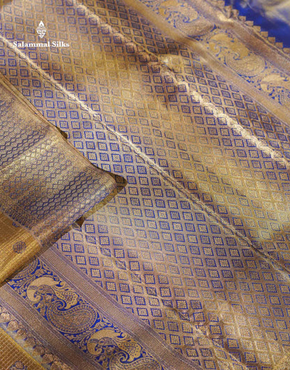 Beautiful Light Gold Tissue Bridal Small Checks With Butta Pure Kanjivaram Silk Saree With Contrast Violet Fancy Border