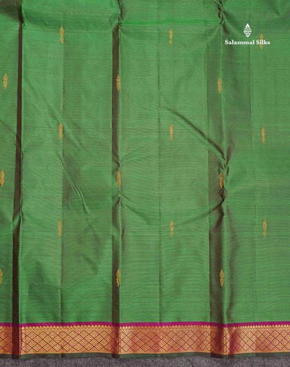 Pure Kanjivaram Silk Saree - Bottle Green Colour Body Zari Butta With Contrast Magenta Small Border
