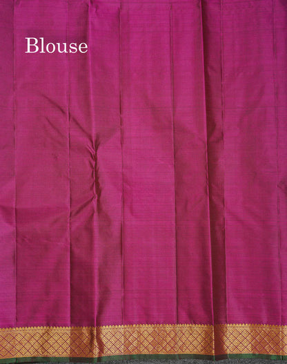 Pure Kanjivaram Silk Saree - Bottle Green Colour Body Zari Butta With Contrast Magenta Small Border
