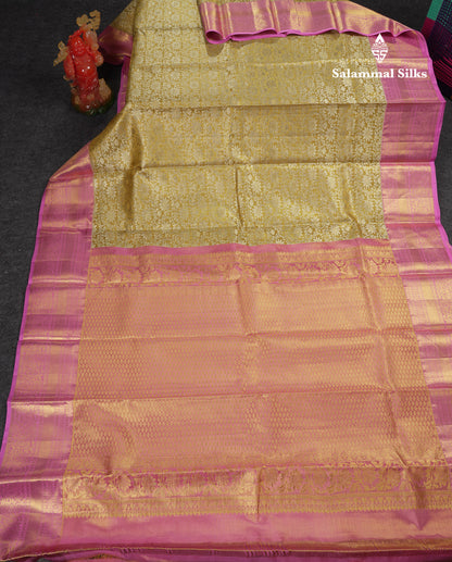 Beautiful Gold Tissue Bridal Pure Kanjivaram Silk Saree With Contrast Lavender Traditional Border
