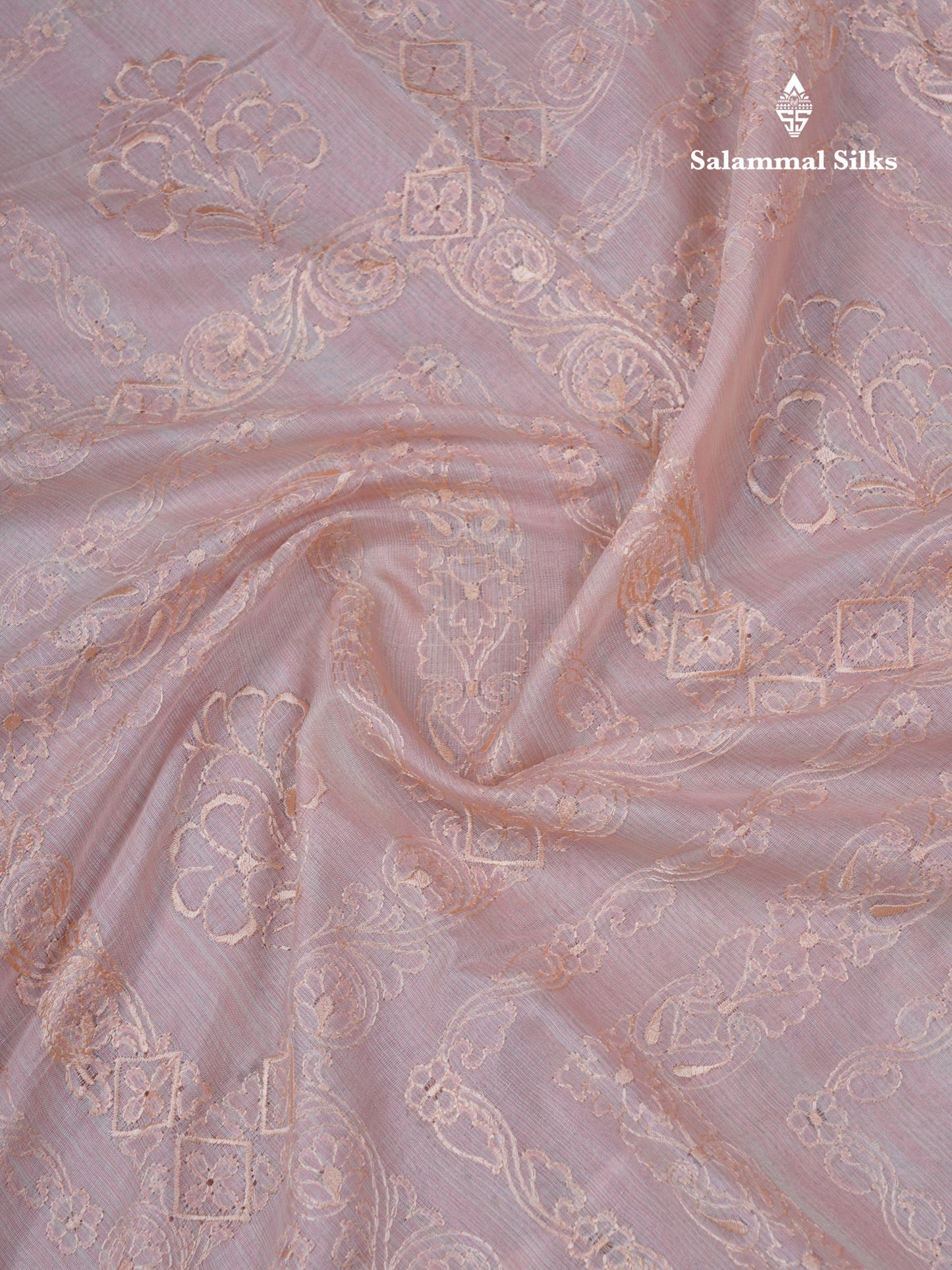 Onion Pink Embroidery Work Mixed Cotton Saree With Gold Zari Border