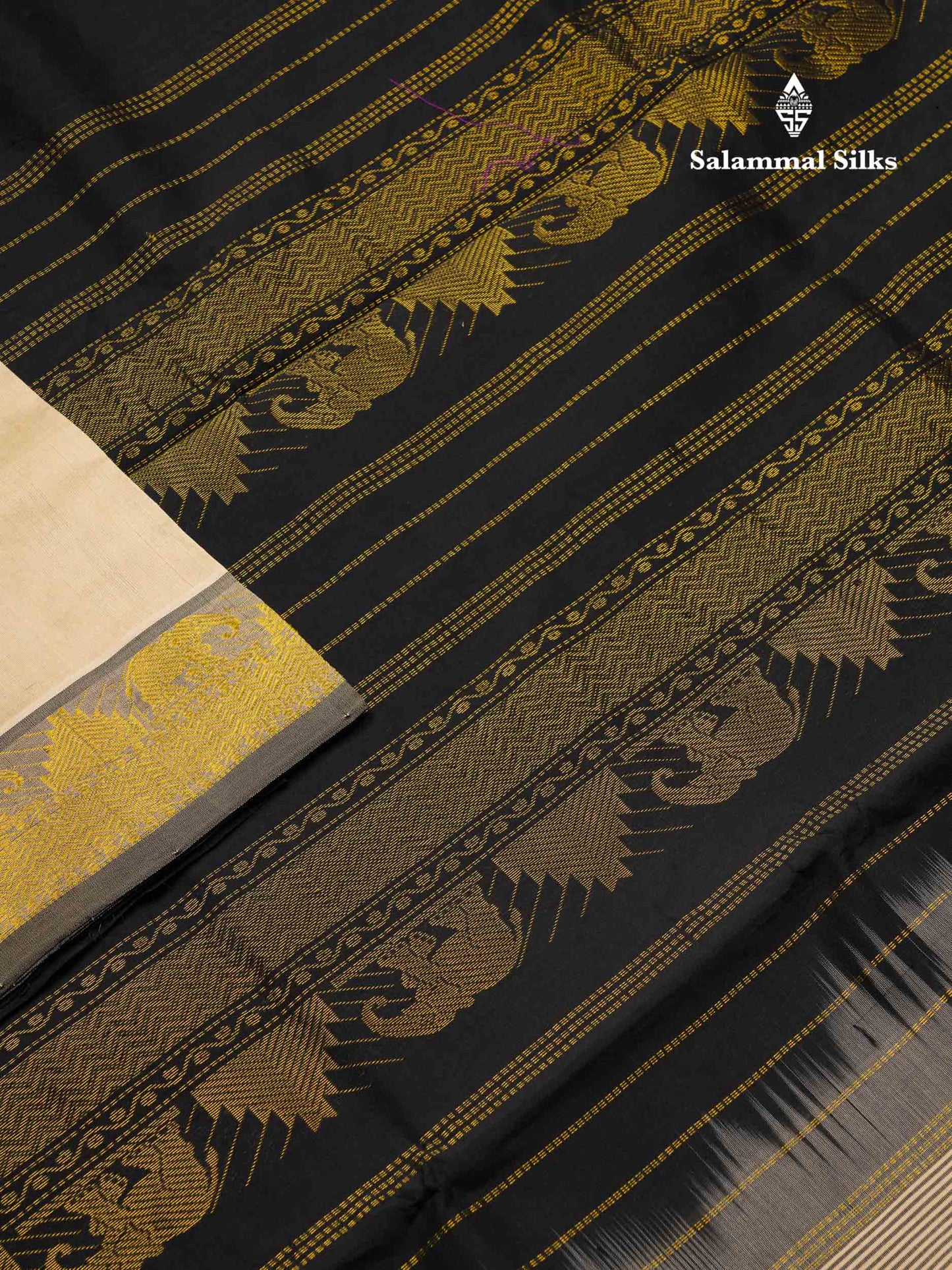 Beautiful Cream Sandal Semi Silk Cotton Saree With Contrast Black Blouse