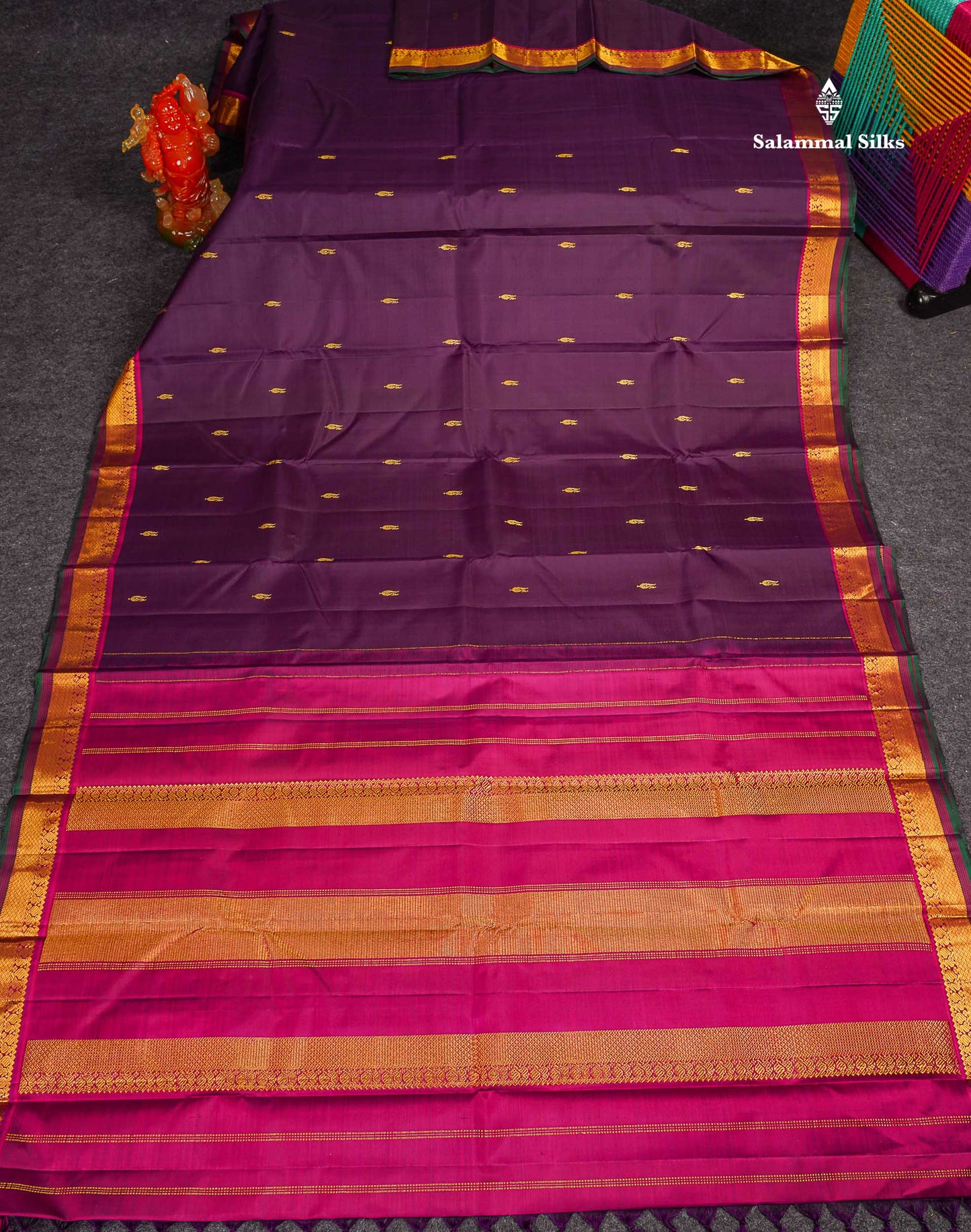Pure Kanjivaram Silk Saree - Dark Purple Colour Body Zari Butta With Contrast Pink Small Border 