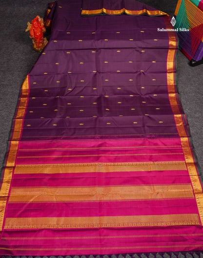 Pure Kanjivaram Silk Saree - Dark Purple Colour Body Zari Butta With Contrast Pink Small Border 