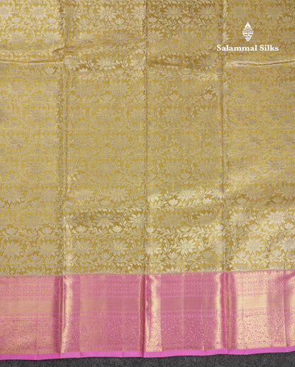 Beautiful Gold Tissue Bridal Pure Kanjivaram Silk Saree With Contrast Lavender Traditional Border