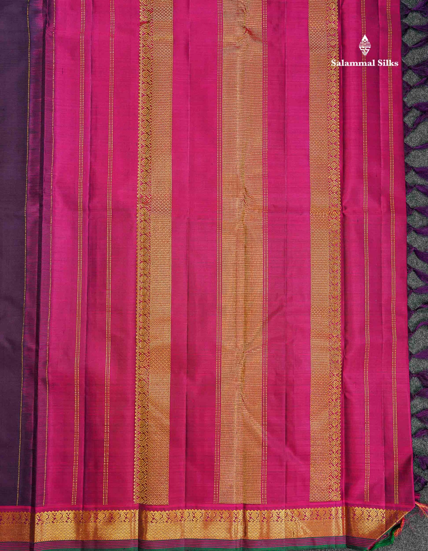 Pure Kanjivaram Silk Saree - Dark Purple Colour Body Zari Butta With Contrast Pink Small Border