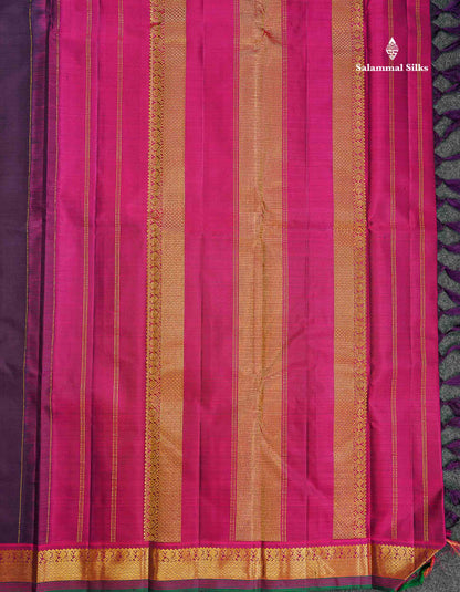 Pure Kanjivaram Silk Saree - Dark Purple Colour Body Zari Butta With Contrast Pink Small Border