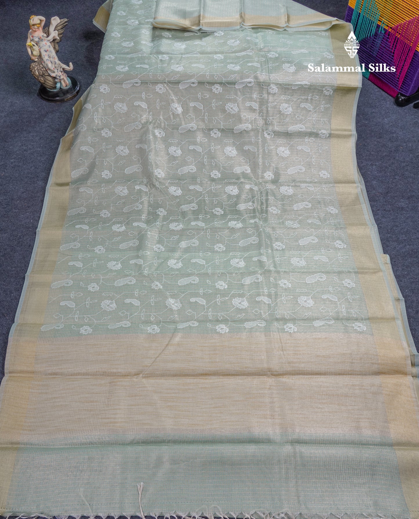 Light Grey Embroidery Work Silk Kota Fancy Saree With Gold Zari Border