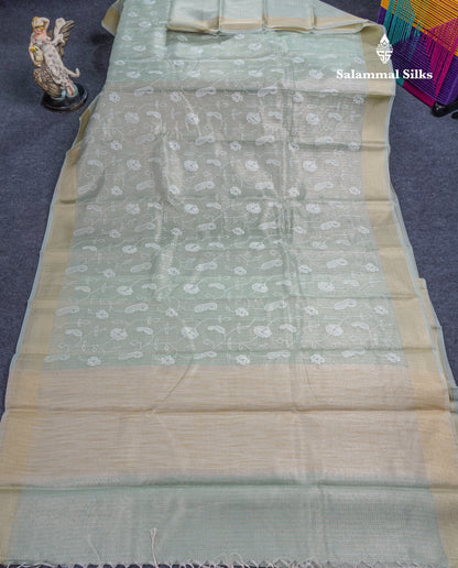 Light Grey Embroidery Work Silk Kota Fancy Saree With Gold Zari Border