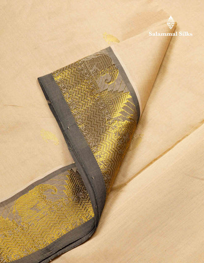 Beautiful Cream Sandal Semi Silk Cotton Saree With Contrast Black Blouse