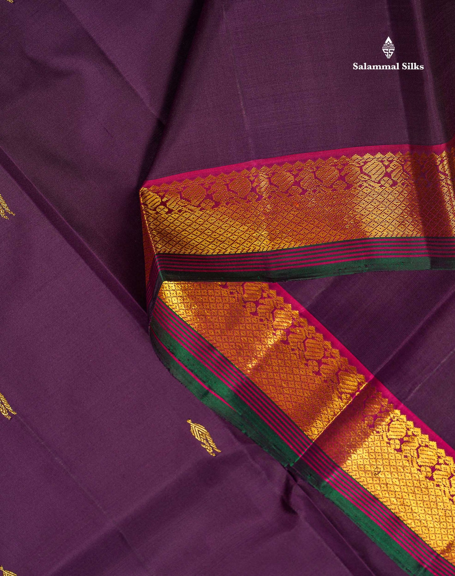 Pure Kanjivaram Silk Saree - Dark Purple Colour Body Zari Butta With Contrast Pink Small Border