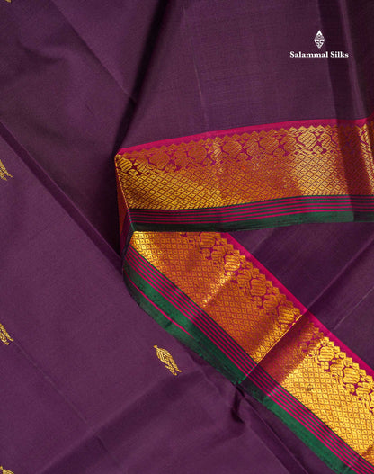 Pure Kanjivaram Silk Saree - Dark Purple Colour Body Zari Butta With Contrast Pink Small Border