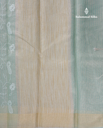 Light Grey Embroidery Work Silk Kota Fancy Saree With Gold Zari Border