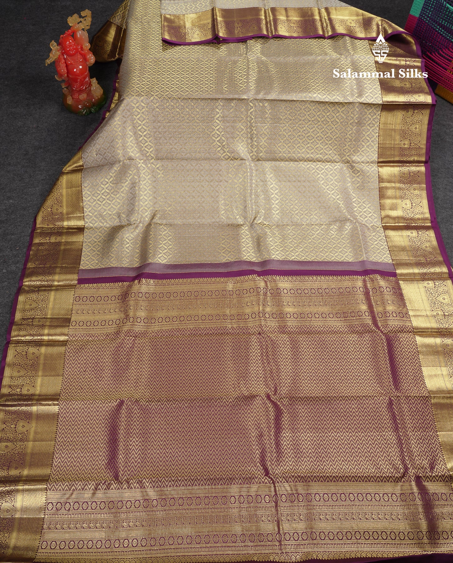 Beautiful Grey Bridal Pure Kanjivaram Silk Saree With Contrast Dark Purple Traditional Border