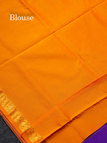 Beautiful Purple Plain Semi Silk Cotton Saree With Contrast Mustard Yellow Blouse