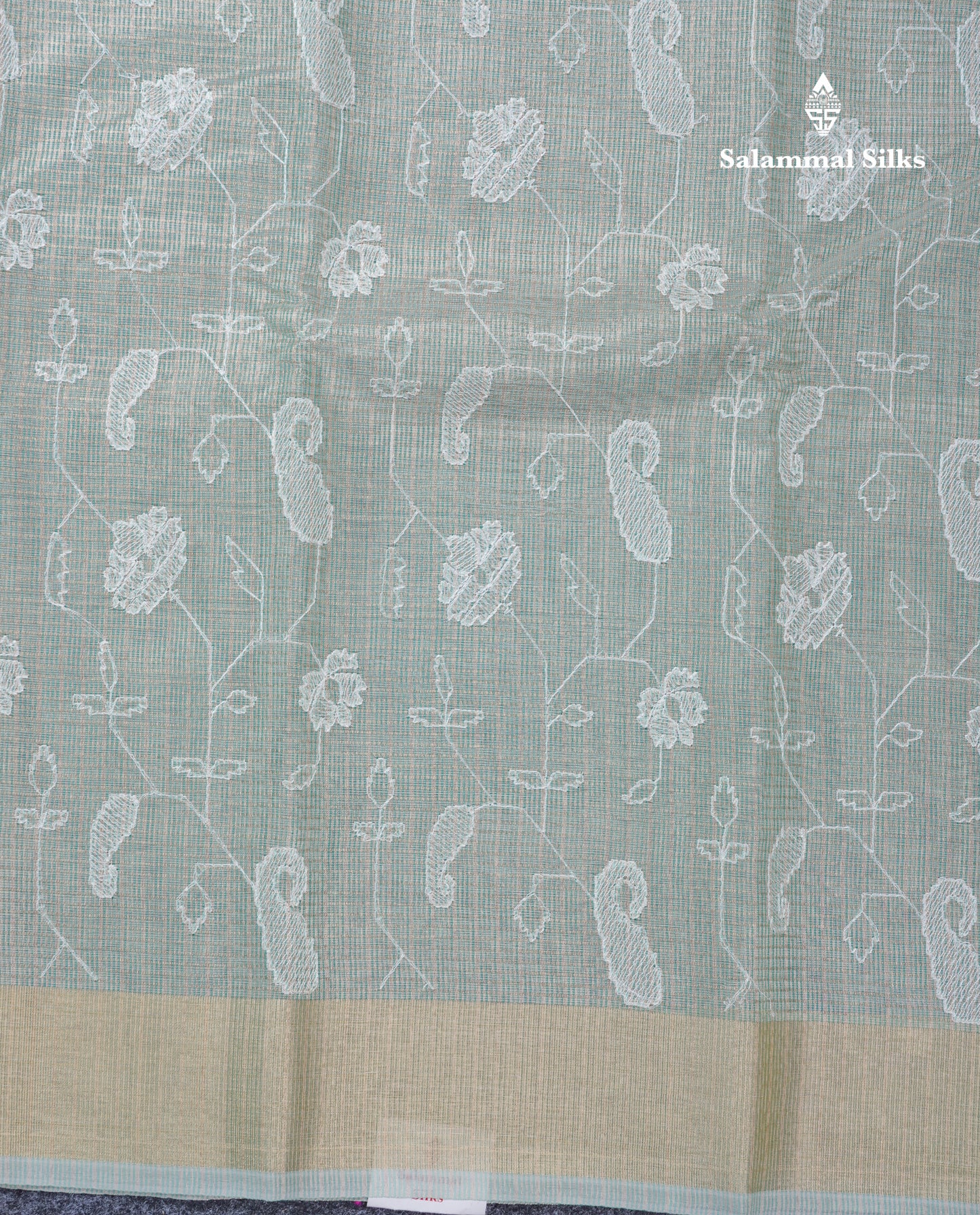 Light Grey Embroidery Work Silk Kota Fancy Saree With Gold Zari Border