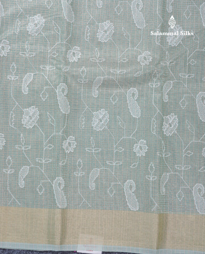 Light Grey Embroidery Work Silk Kota Fancy Saree With Gold Zari Border