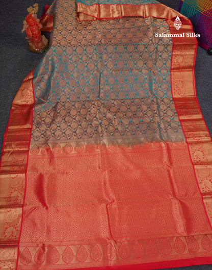 Beautiful Dual Tone Peacock Green Pure Kanjivaram Silk Saree With Contrast Chilly Red Traditional Border