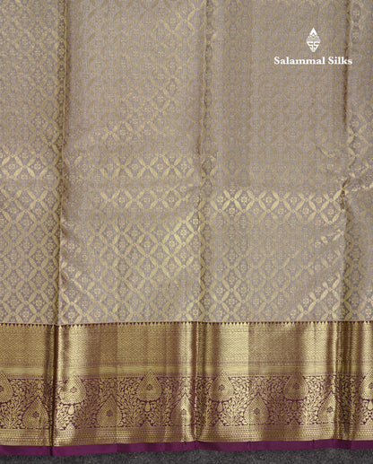 Beautiful Grey Bridal Pure Kanjivaram Silk Saree With Contrast Dark Purple Traditional Border