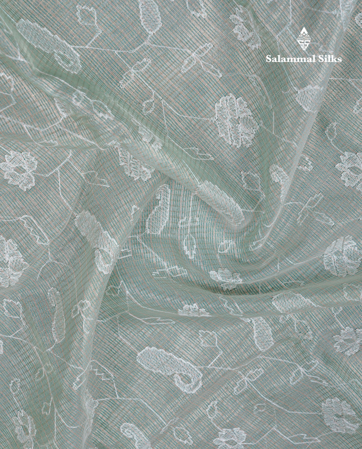 Light Grey Embroidery Work Silk Kota Fancy Saree With Gold Zari Border