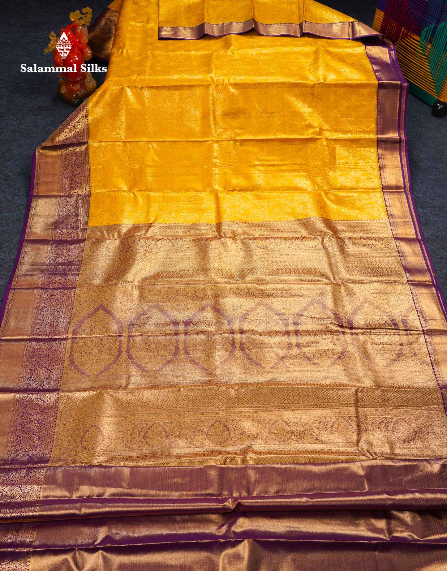 Beautiful Mustard Yellow Bridal Semi Silk Saree With Contrast Dark Purple Traditional Evening Morning Border