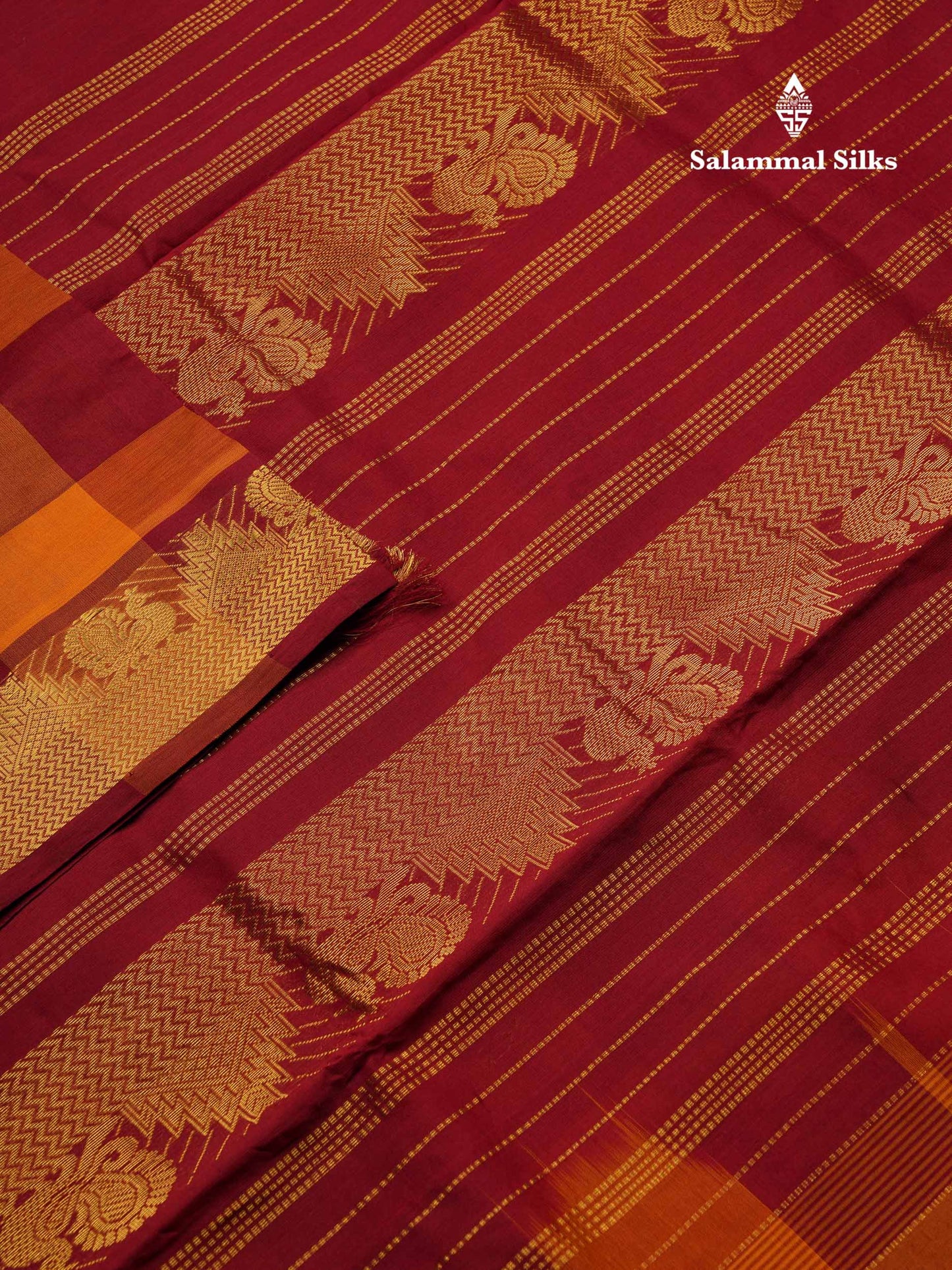 Beautiful Paalum Pazham Checks Semi Silk Cotton Saree With Contrast Dark Maroon Blouse