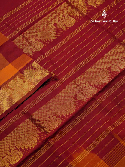 Beautiful Paalum Pazham Checks Semi Silk Cotton Saree With Contrast Dark Maroon Blouse