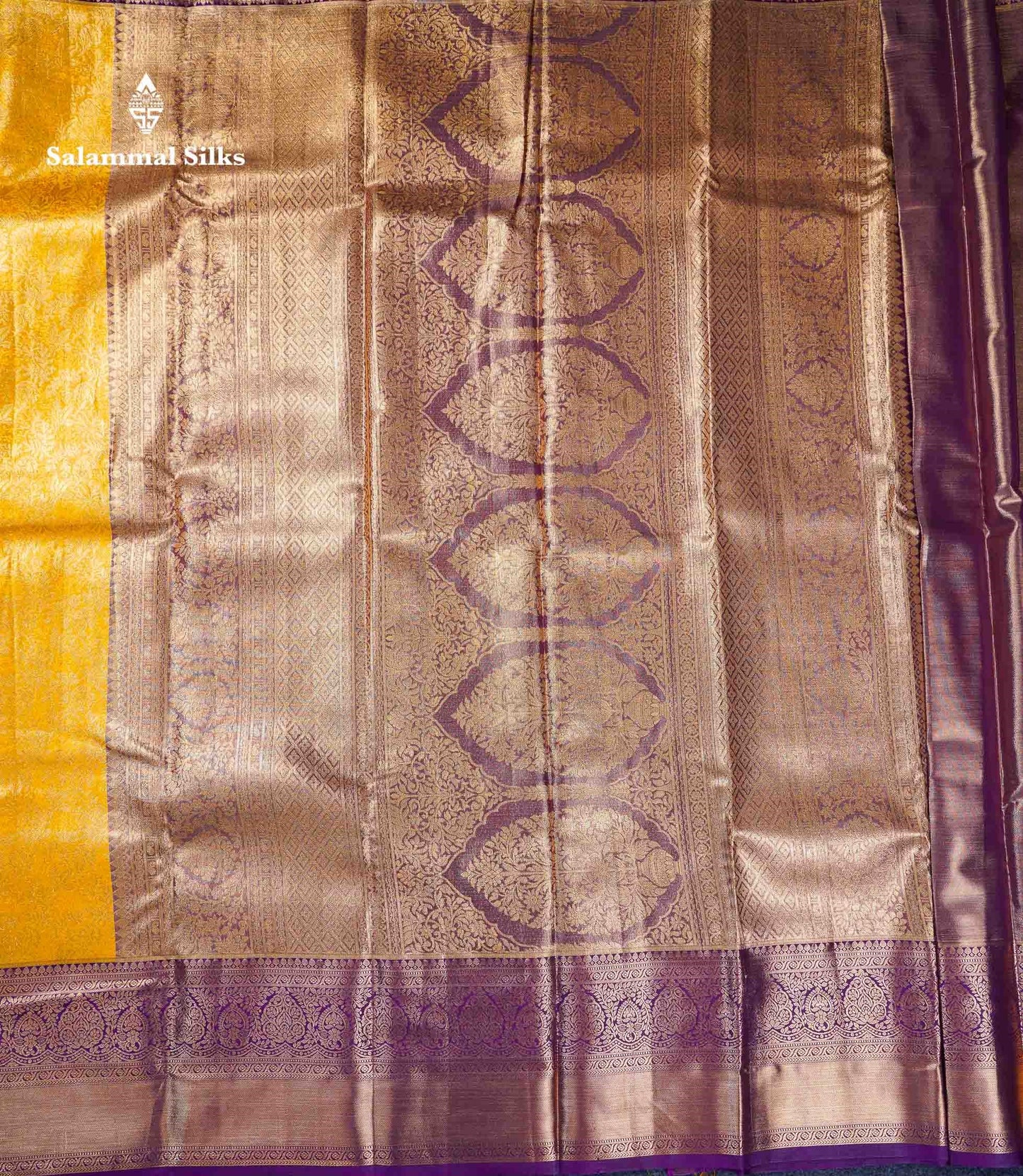 Beautiful Mustard Yellow Bridal Semi Silk Saree With Contrast Dark Purple Traditional Evening Morning Border
