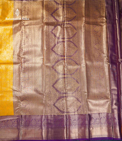 Beautiful Mustard Yellow Bridal Semi Silk Saree With Contrast Dark Purple Traditional Evening Morning Border