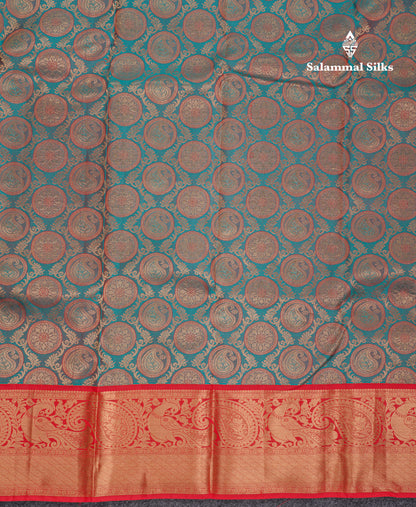 Beautiful Dual Tone Peacock Green Pure Kanjivaram Silk Saree With Contrast Chilly Red Traditional Border