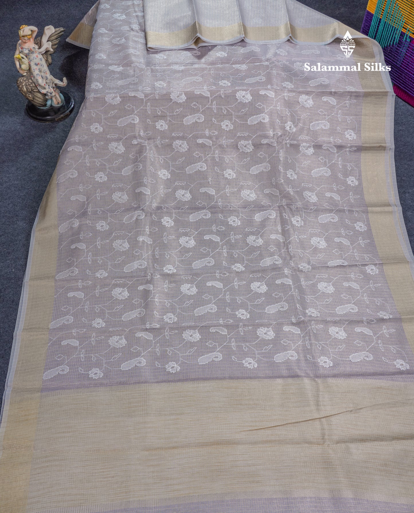 Light Grey Embroidery Work Silk Kota Fancy Saree With Gold Zari Border