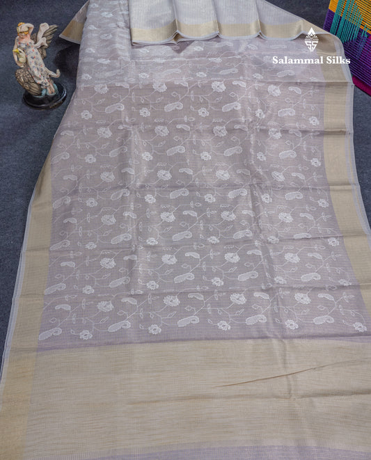 Light Grey Embroidery Work Silk Kota Fancy Saree With Gold Zari Border